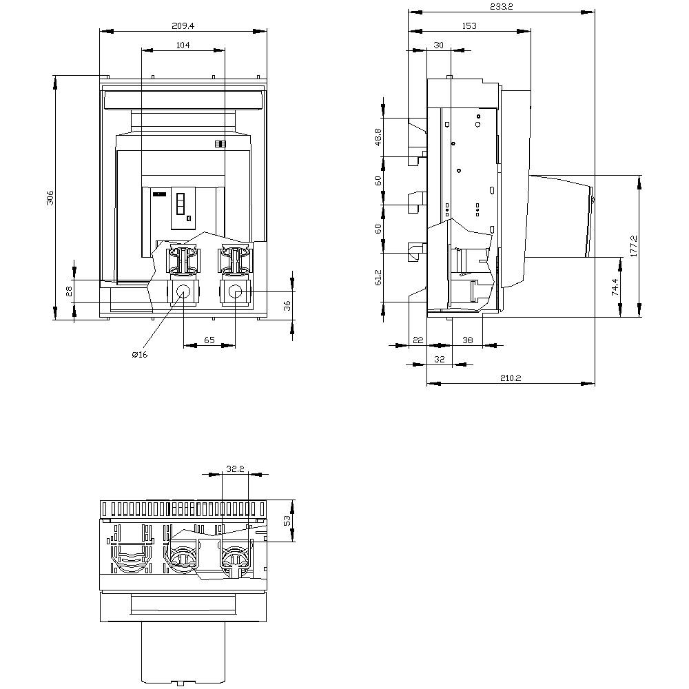 Technical drawing of an electrical device with dimensions in millimetres, showing three views: front, side, and underside.