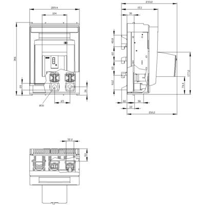 Technical drawing of an electrical device with dimensions in millimetres, showing three views: front, side, and underside.