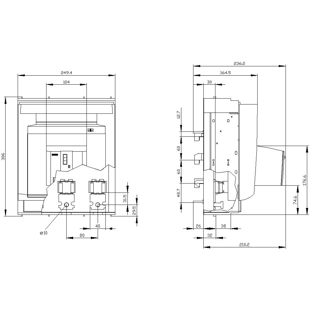 Technical drawing of an electrical device with precise dimensions in millimetres. Front and side views are shown.