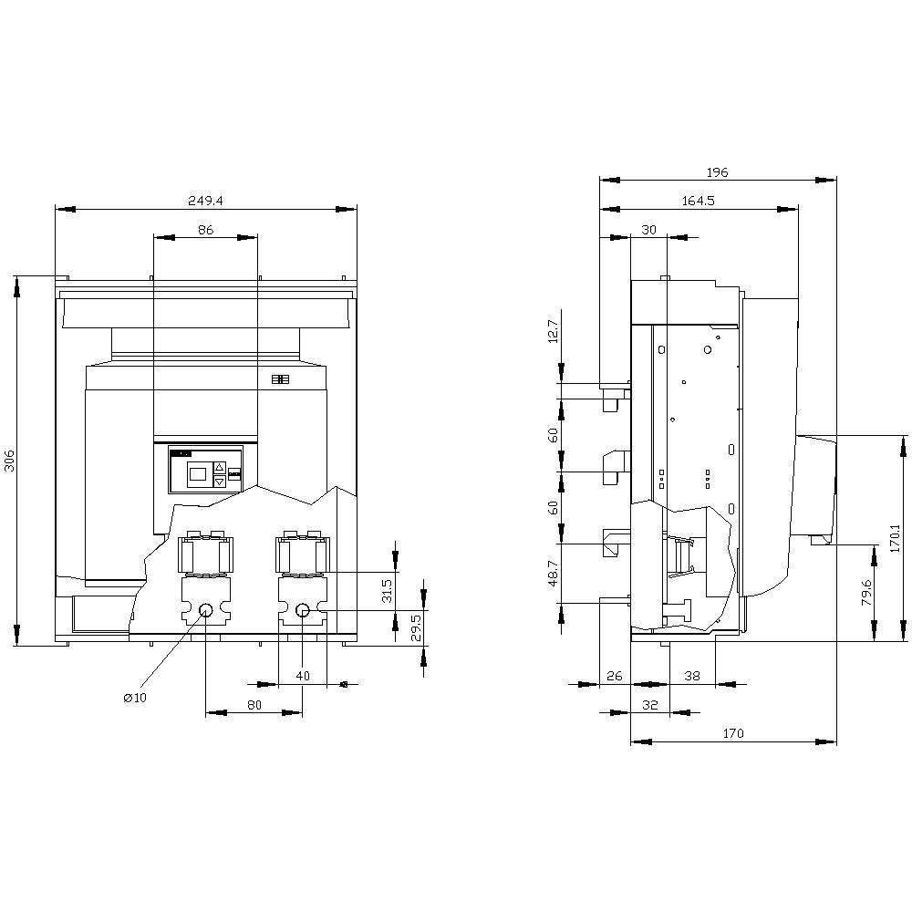 Technical drawing of an electrical cabinet with frontal and side views; dimensions and spacing are detailed.