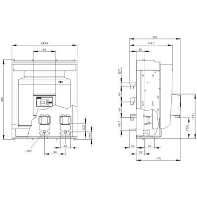 Technical drawing of an electrical cabinet with frontal and side views; dimensions and spacing are detailed.