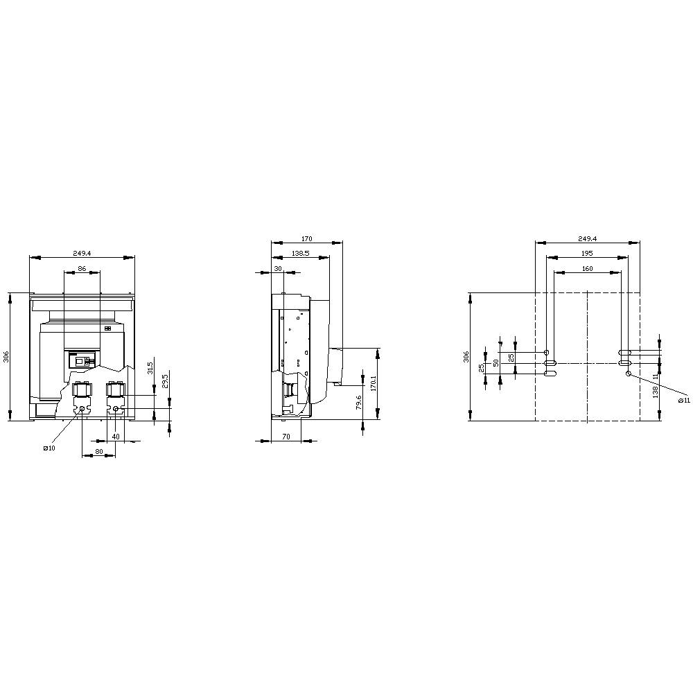 Technical drawing of a device with front, side, and rear views. Dimensions are given in millimetres. Main dimensions: width 242.4, height 380.