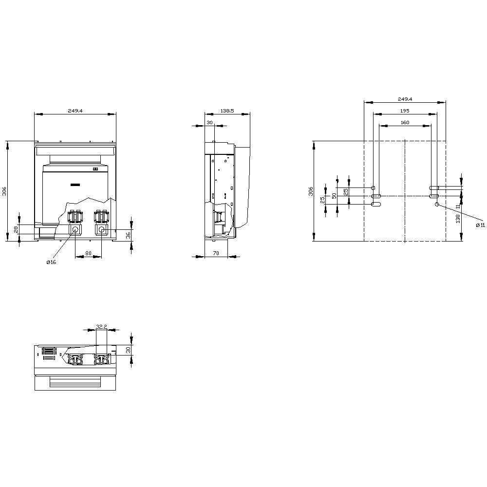 Technical drawing of a device with front and side view. Dimensions in millimetres. Height 305, width 244, depth 235.