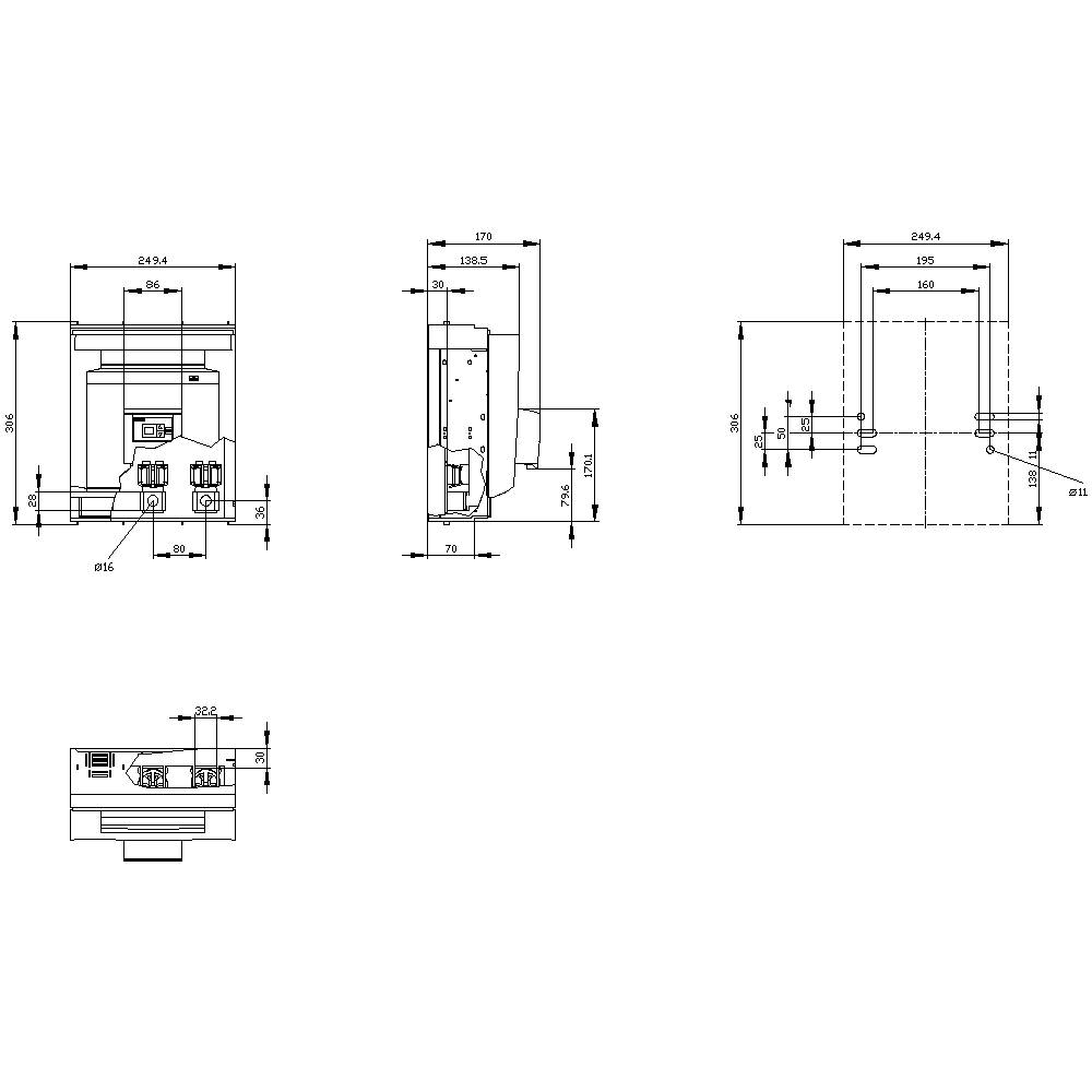 Technical drawing of a device with dimensions and views from the front, side, and top. Dimensions in mm, detailed components.