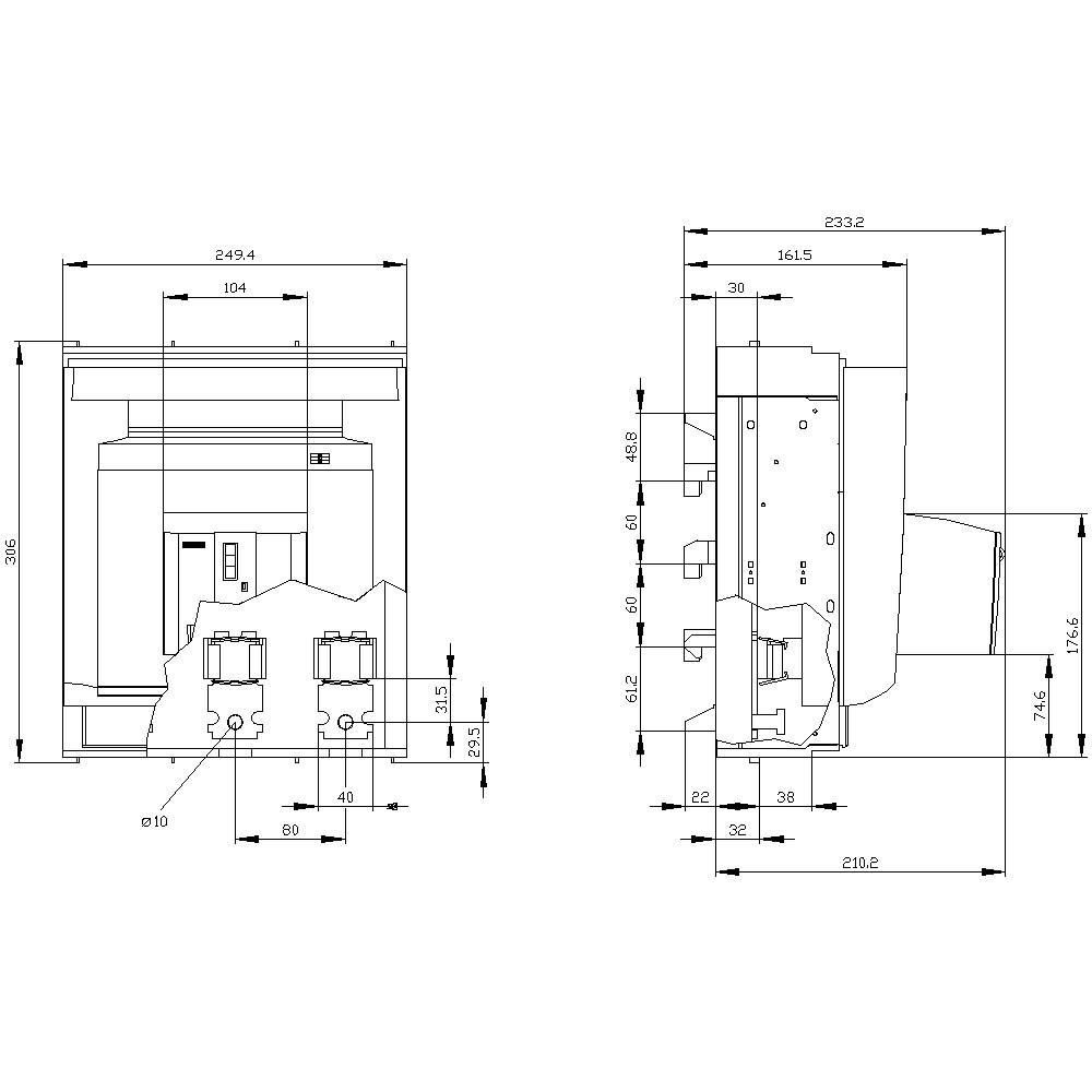 Technical drawing of an electrical switch with detailed dimensions in millimetres, showing front and side views.