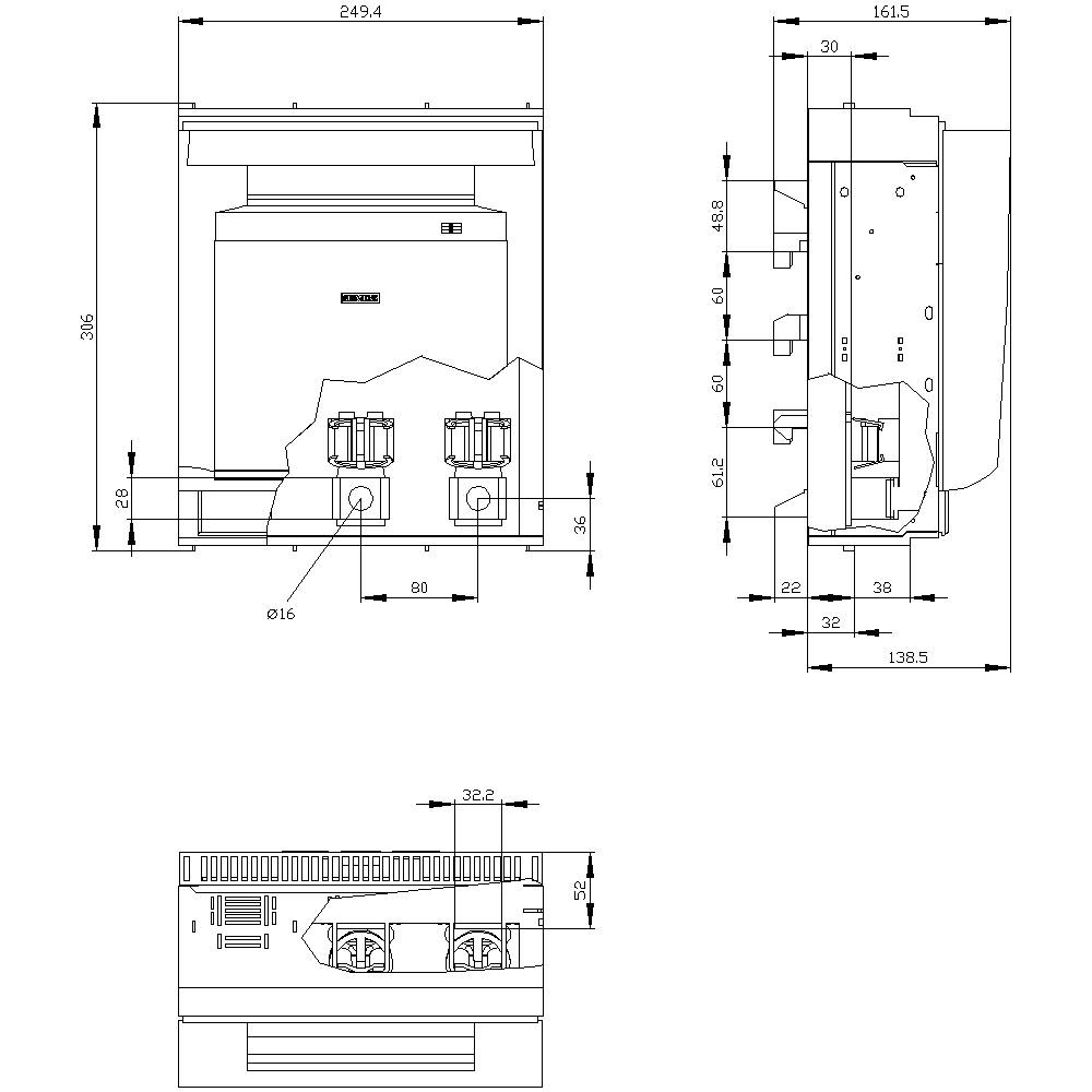 A technical diagram shows three-sided views of an electrical device with detailed dimensions in millimetres.