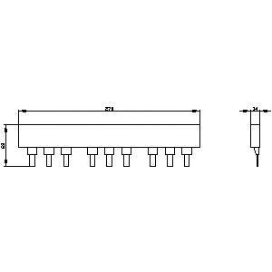 'Schematic drawing of a 12-pin integrated circuit in DIP format with dimensions. Front and side view.'