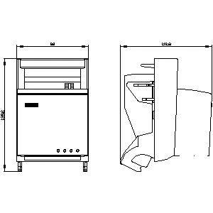 Technical drawing of a device with front and side views, dimensions in millimetres. The main part shows a rectangular body.