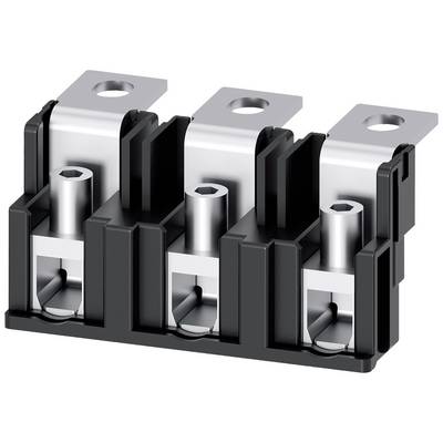 A three-pole terminal block made of metal and plastic with screw connections for securing cables and electrical distribution.