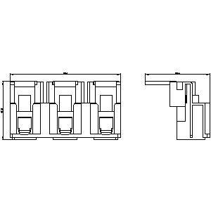 Architectural floor plan shows three adjacent rooms in a top-down view, with corresponding details in the side elevation.