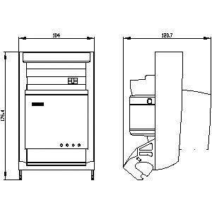 Technical drawing of a rectangular device with front doors. Side view shows internal components and dimensions in millimetres.