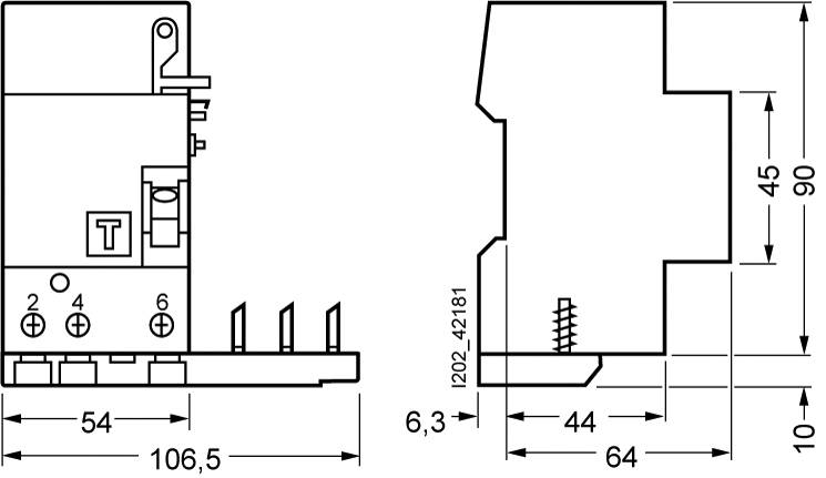Circuit diagram of an electrical component with front and side view. Dimensions in millimetres: width 54, depth 64, height 90.