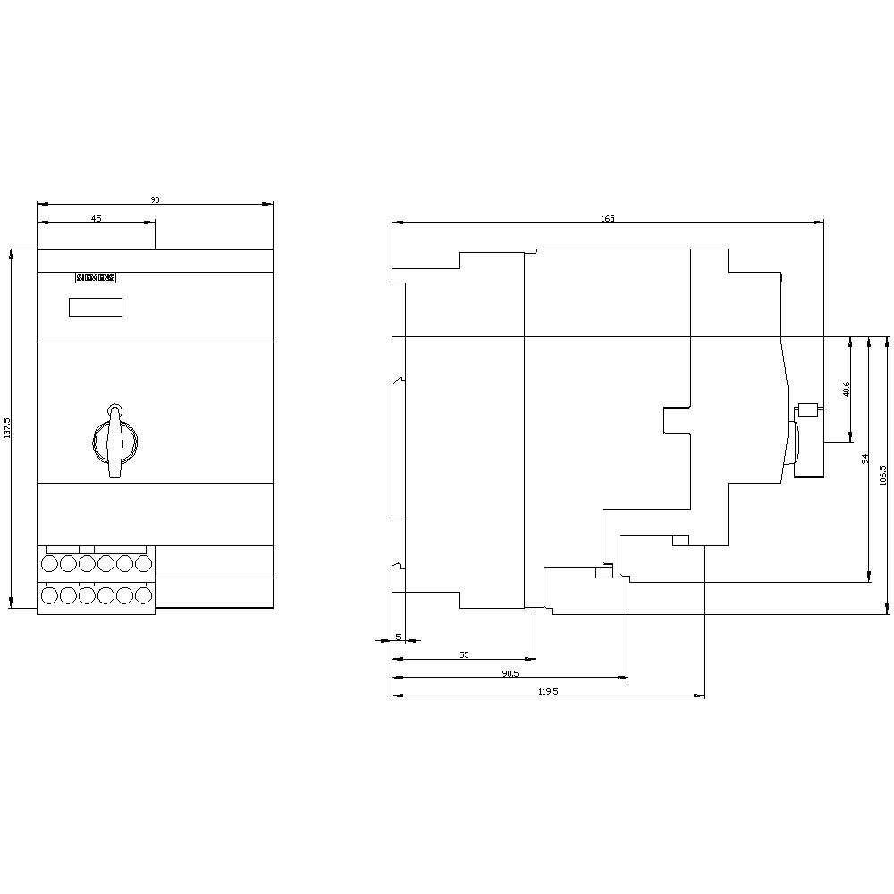Technical drawing of an electrical switch with front and side views, including dimensions.