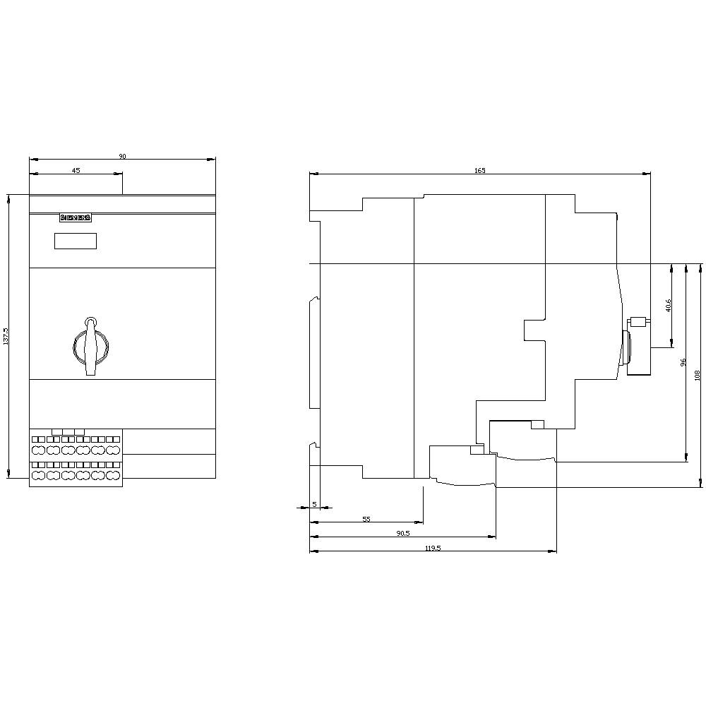 Technical drawing of an electrical switching device with dimensions in millimetres. Front and side views depicted.