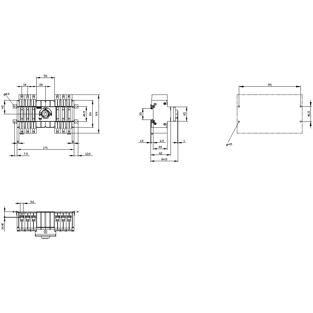 Technical drawing of an electrical device showing precise measurements in millimetres, depicted from various perspectives.