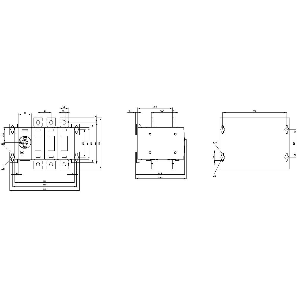 Technical drawing with dimensions of a rectangular device from multiple perspectives: Top view, side view, and front view.