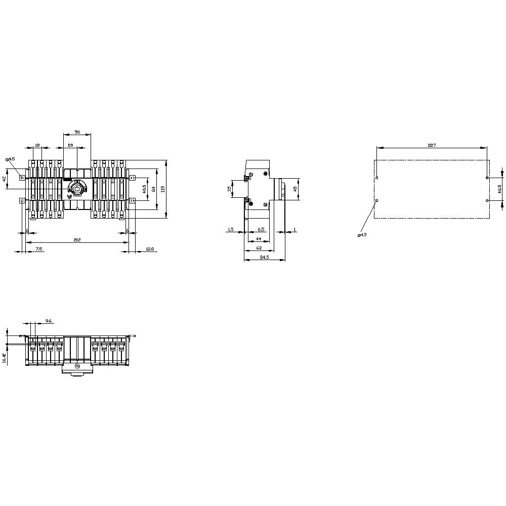 Technical drawing of a heat sink with various views, including front view, side view, and detailed view with dimensional specifications.