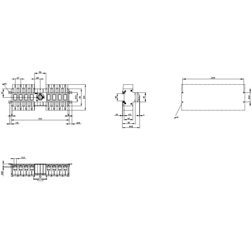 Technical drawing of a component with multiple dimensions in millimetres. Shows front, side, and top views. Contains measurements and angles.