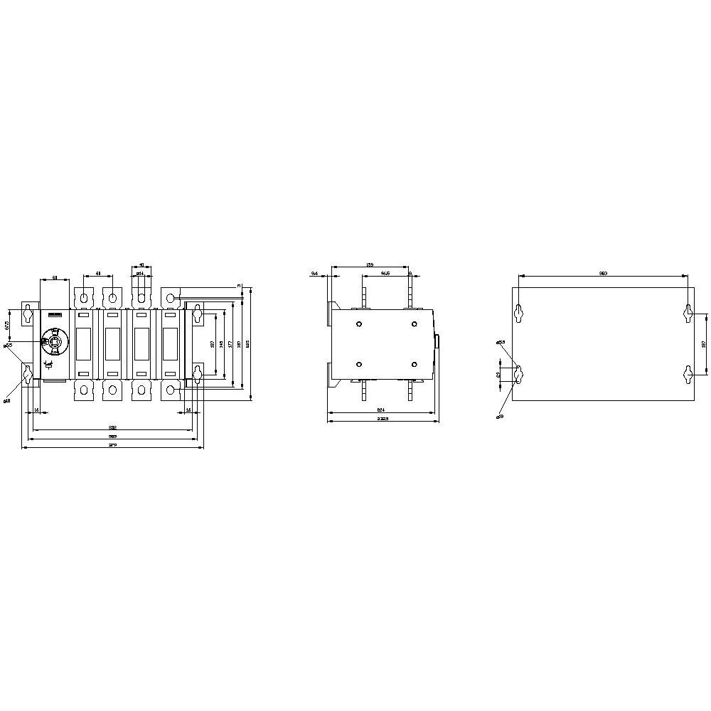 Technical drawing of a machine layout with three views: front view, side view, and top view. All dimensions are given in millimetres.