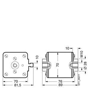 Technical drawing of a square component with dimensions. Front view shows screw holes, side view shows internal mechanism. Dimensions in mm: 70x81.5 and 76x89.