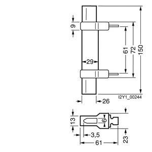 Technical drawing of a cylindrical pin with dimensional specifications: Length 150, Width 29, Distance 61 between mountings, additional details shown.