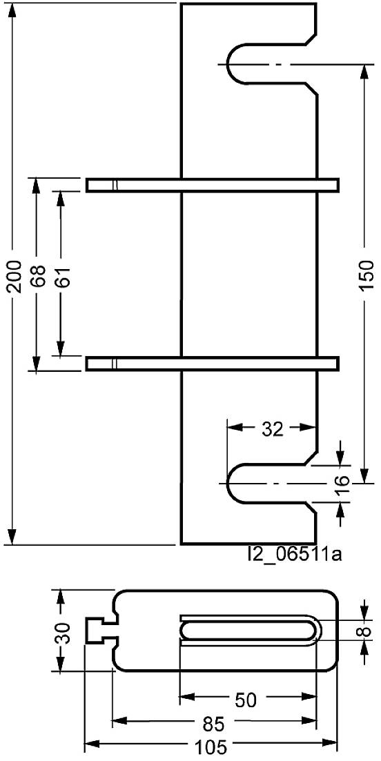 Construction drawing of a metal profile with precise dimensions: length 200 mm, width 68 mm, height 105 mm; details such as recesses and spacing are marked.