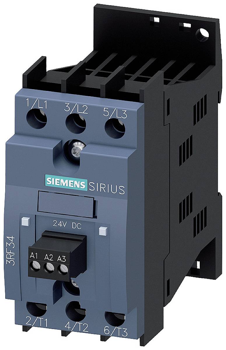 A blue Siemens contactor with the inscription 'SIRIUS' and model number '3RF34', showing connections and voltage 24V DC.