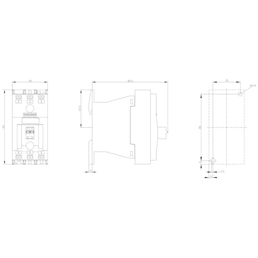 Technical drawing of an electrical switch with front and side views. Measurements and dimensions are detailed specified.