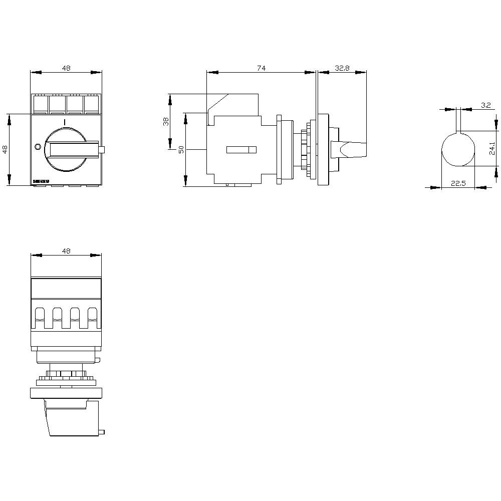 Circuit diagram of an electrical switch with dimensions: 48x48mm width, 74mm length, 32mm depth. Shows side and front view.