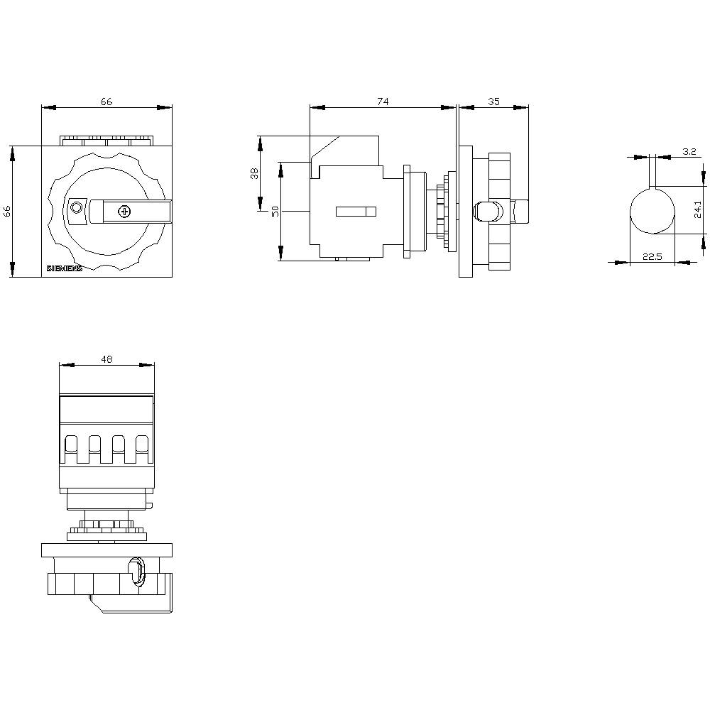 Technical drawing of a mechanical component with dimensions in millimetres. Views from above, side and front.