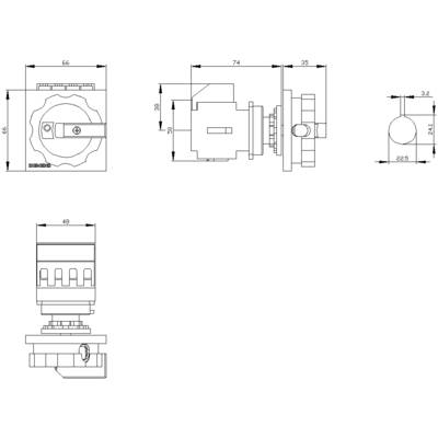 Technical drawing of a valve with various views and dimensions. Shows width 66 mm, height 46 mm, length 74 mm.