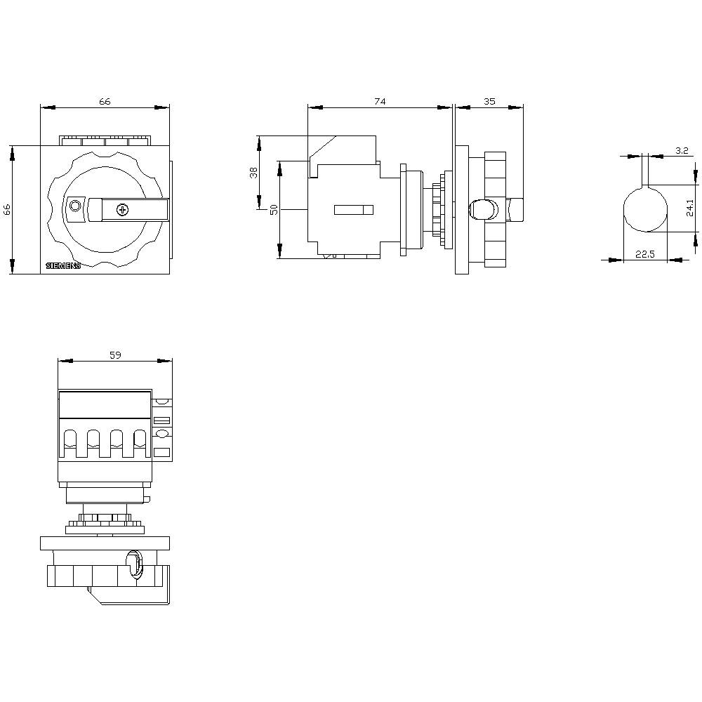 Technical drawing of an electrical switch with dimensions in millimetres; includes front, side, and top views.