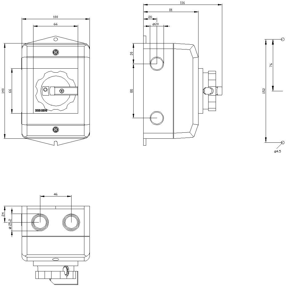 Technical drawing of an electrical switch with dimensions in millimetres, showing front, side, and top views of the device.