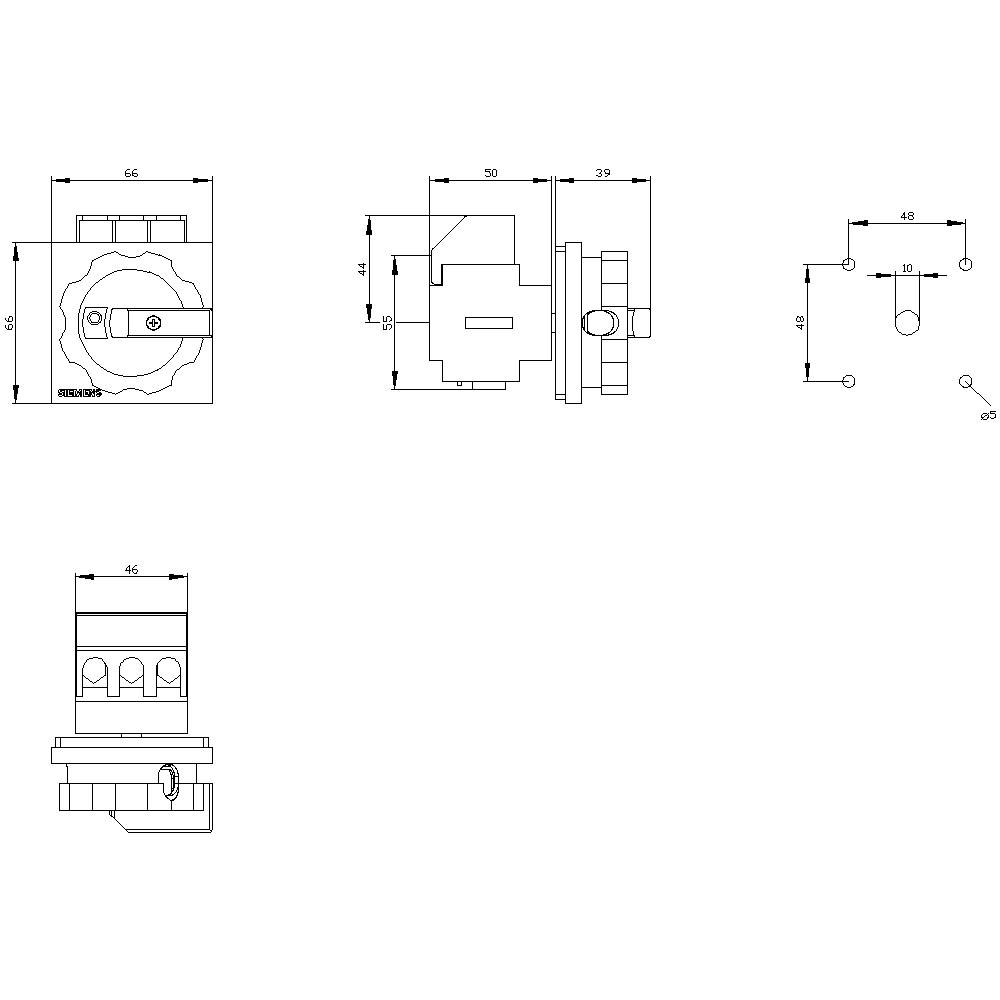 Technical drawing of a mechanical component with dimensions in millimetres. Top view from the front and top, bottom side view.