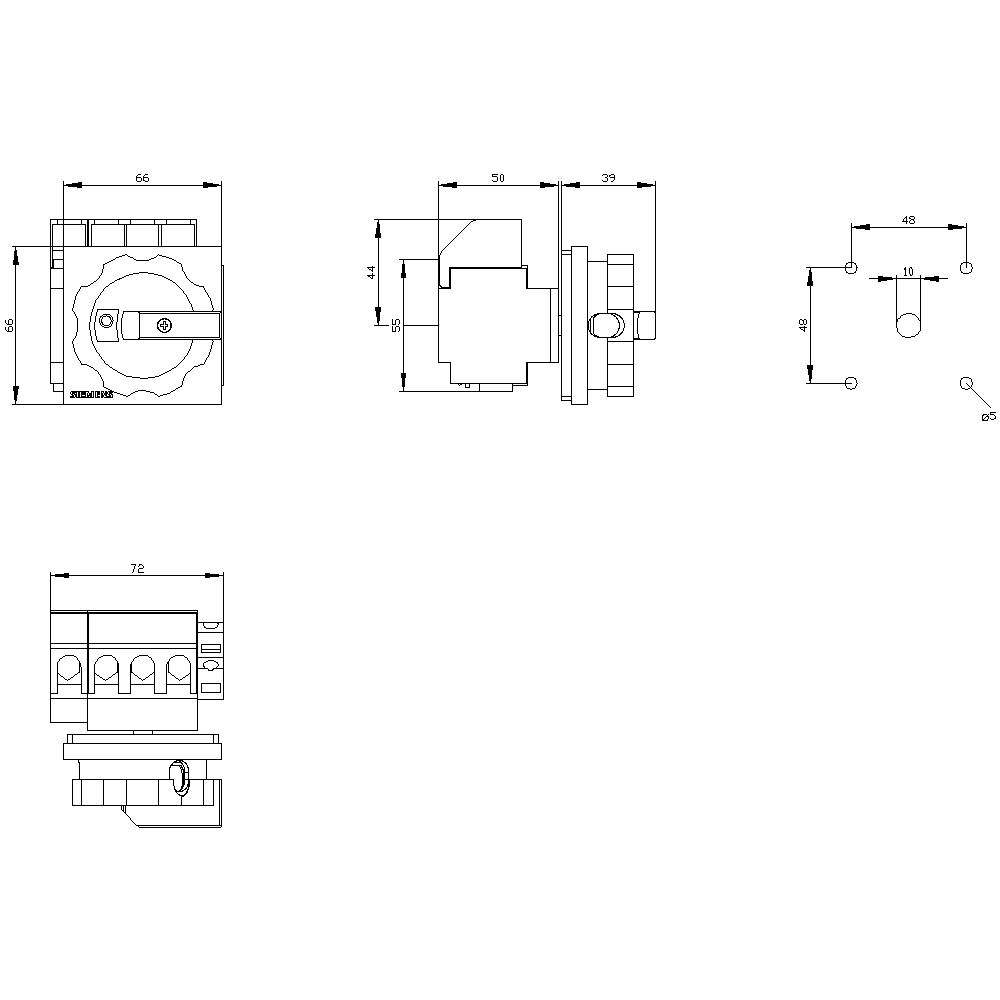 Technical drawing of a switch with dimensions. Shows front, side, and top views. Includes dimensional measurements in millimetres.