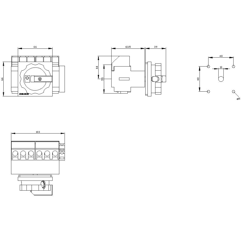Technical drawing of a multi-pole switch with multiple views and dimensions. Shows front, side, and top views.