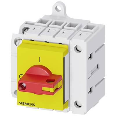A red and yellow load disconnector from Siemens, mounted on a white housing, is used for electrical connections.