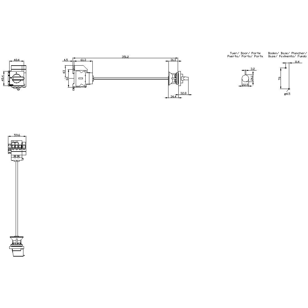 Technical drawing of a door connector with dimensions in millimetres. Shows various views and details of the construction.