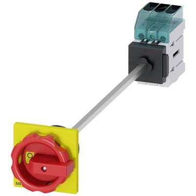 A red safety switch with a yellow base, connected to a blue and grey electrical mechanism; indicates operational status.