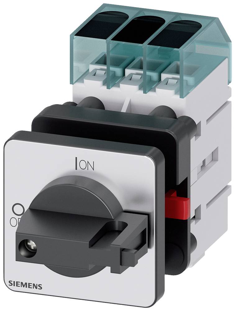 An electrical lever switch with an on/off switch, mounted on a rectangular housing. Three greenish connectors are visible on the top.
