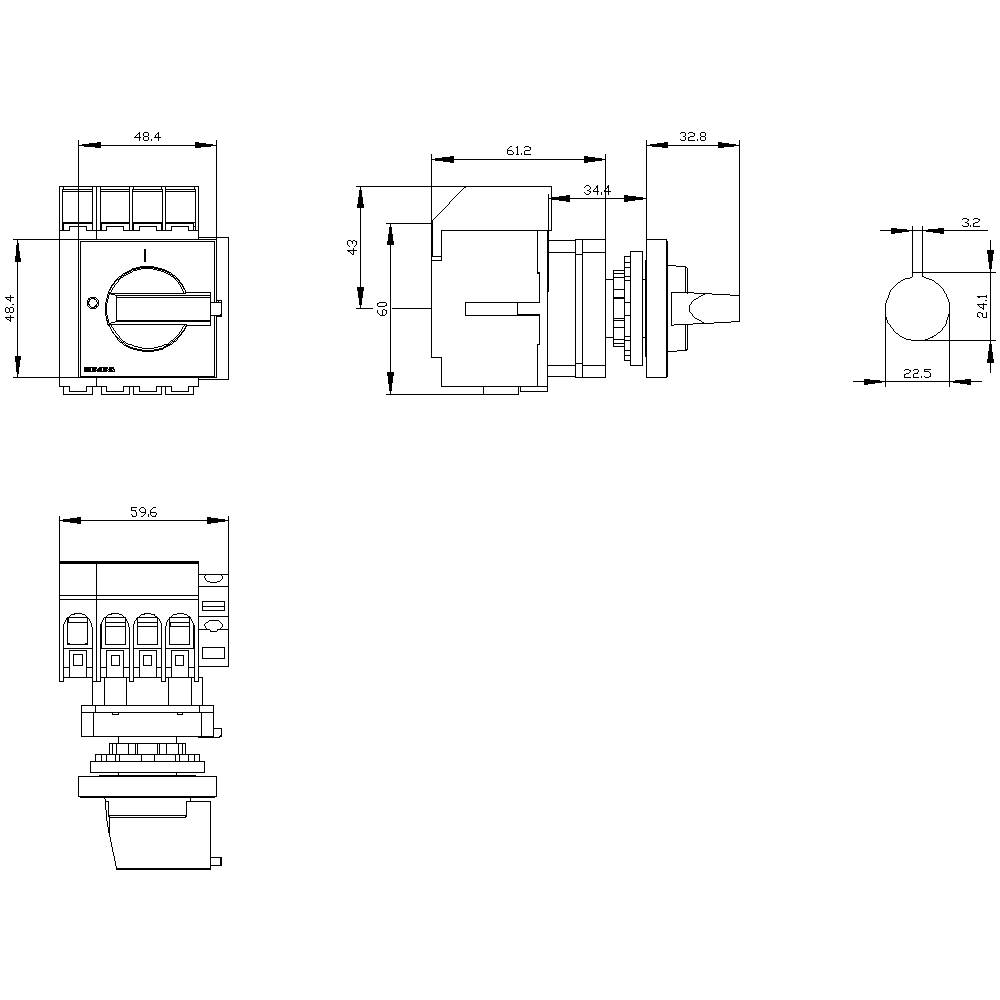 Technical drawing of an electromechanical switch with dimensions. Three-sided views showing height, width and depth.