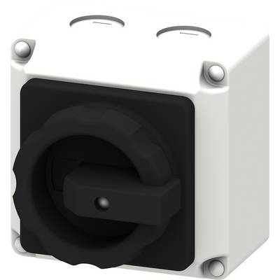 A square, white electrical switch with a large, black rotary knob for controlling electrical devices.