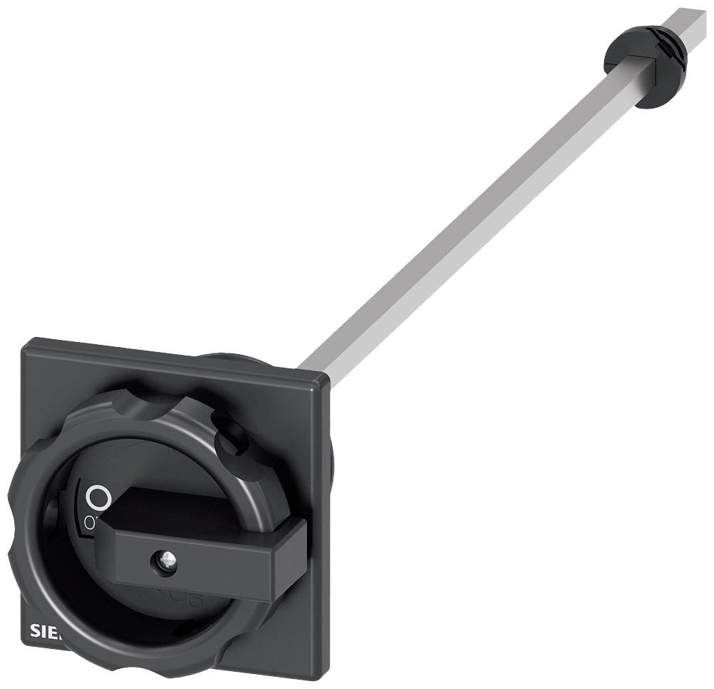 Black rotary switch with a long handle and white dot for the off-on setting, used for controlling electrical devices.
