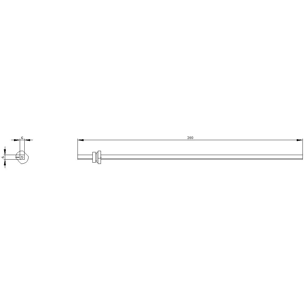 Technical drawing of a rod with a length of 200 units, a screw at one end and a lateral dimension of 6 units.