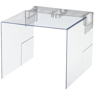 Clear acrylic cover for a thermostat, showing a protective structure made of transparent plastic with corner mounting brackets.