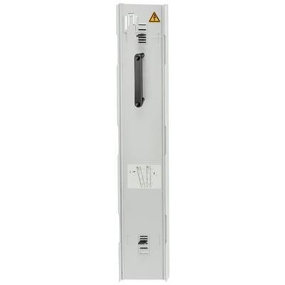 A vertical electrical component with a handle in the middle, a warning symbol at the top, and technical diagrams at the bottom.