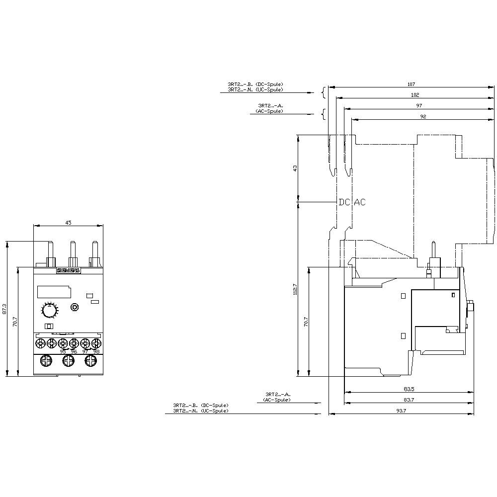 Technical drawing of an electrical switching device with precise dimensions in millimetres. Shows front and side views along with connection details.