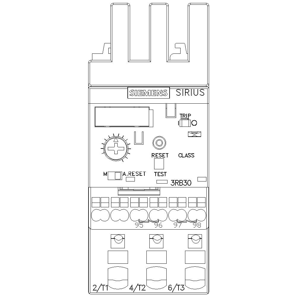 A circuit diagram of a Siemens Sirius motor protection switch. Shows operating elements such as reset and test buttons, contact inputs, and trip indication.