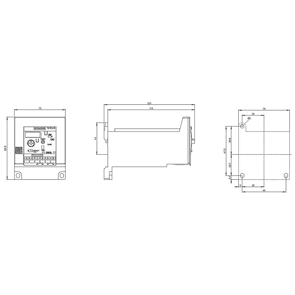 Three technical drawings of an electronic device with dimensions in millimetres. Shows front, side, and top view of the device.