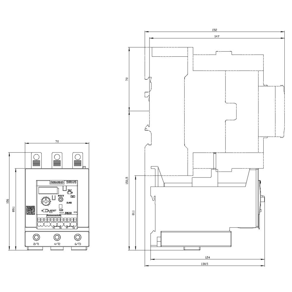 Technical drawing of an electrical component with precise measurements in millimetres.